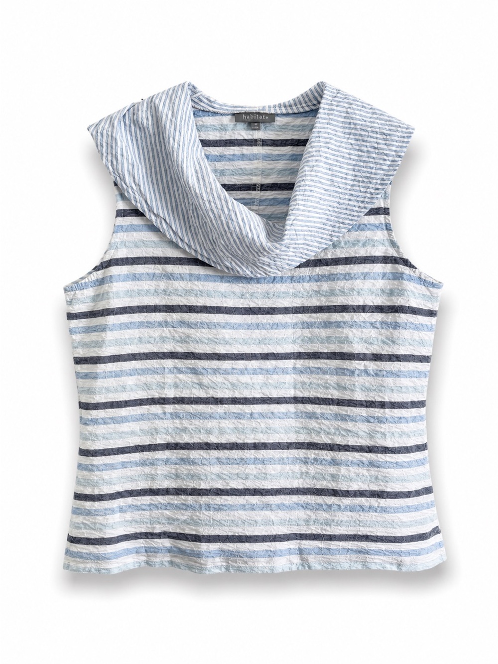 HABITAT SUNNY BLUE SEASIDE CRINKLE STRIPED RELAXED SLEEVELESS COASTAL TOP SZ M - Picture 2 of 3